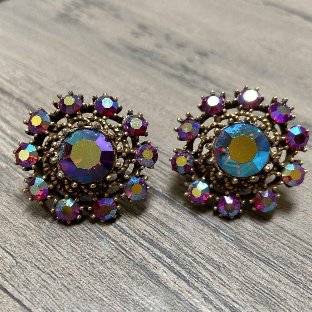 Vintage Coro Earrings Clip On Red AB Iridescent Rhinestones Round Floral Cluster